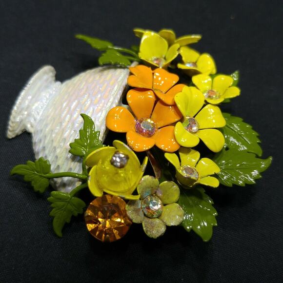 Vintage Enamel Flower Basket Brooch, Rhinestone Centers, 1960s, 2 1/2 Inches - Picture 10 of 10